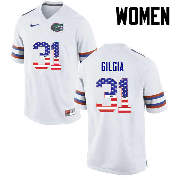 Women Florida Gators #31 Anthony Gigla College Football USA Flag Fashion Jerseys-White - Click Image to Close